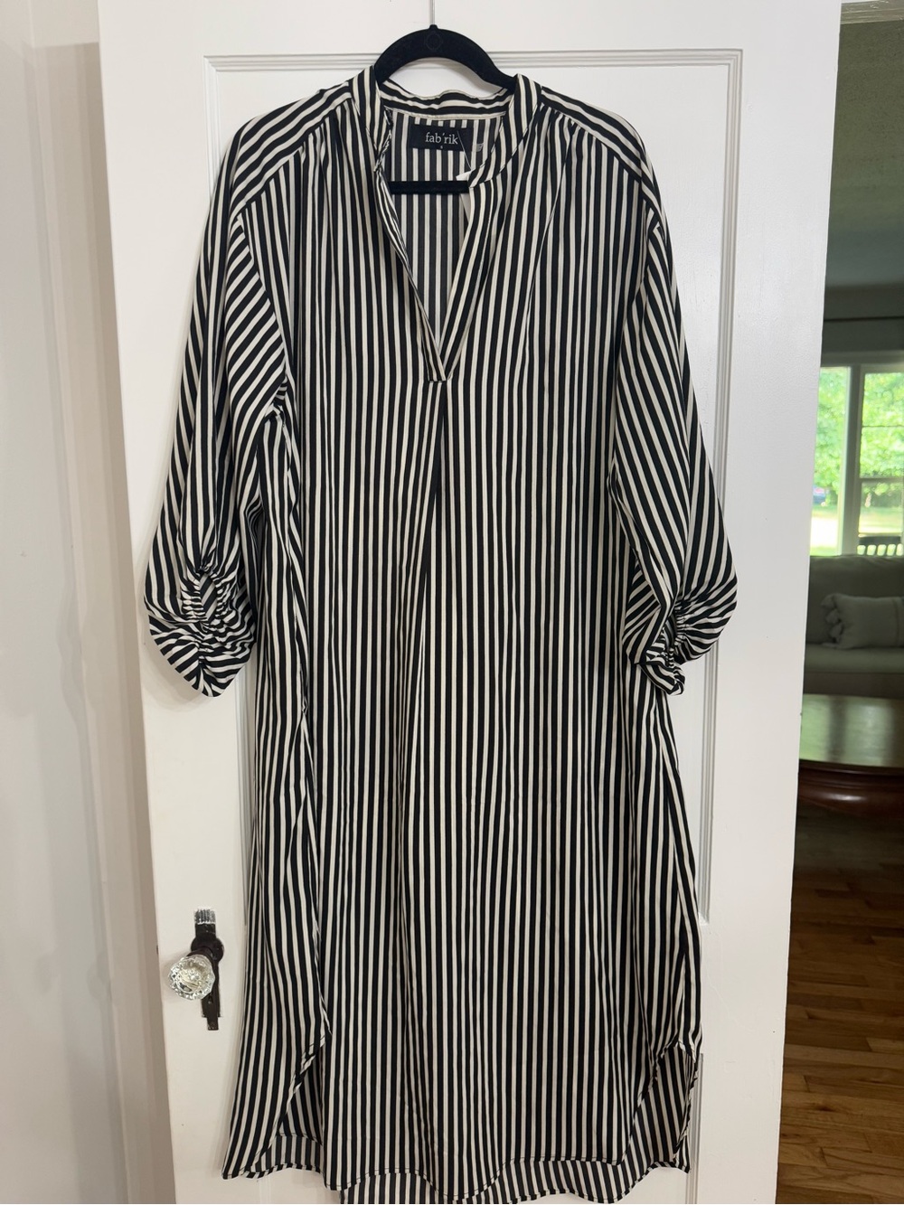 fab'rik Black & White Striped Midi Shirt Dress, Ruched Sleeve, Size Small